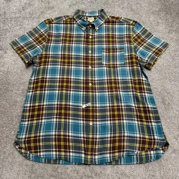 J.Crew Indian Madras Button Down Shirt Mens XL Blue Brown Plaid Cotton Casual