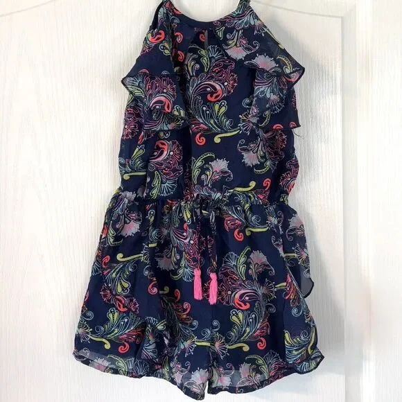 JAPNA KIDS GIRLS 8‎ ROMPER Blue Floral Paisley Ruffle Jumpsuit