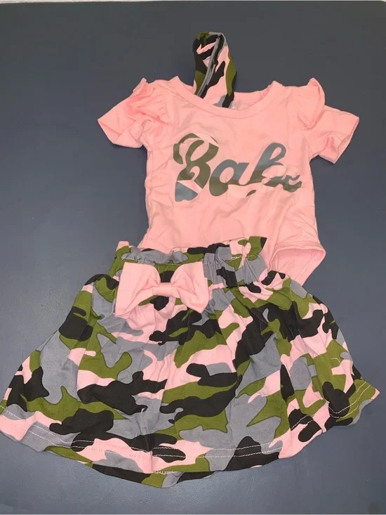 Pink Baby Bodysuit & Pink/Green Camo Skirt Set