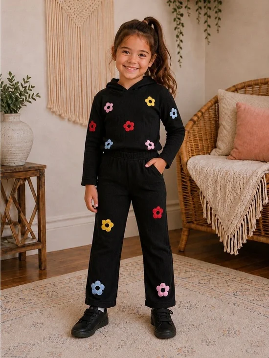 Girls Cozy Black Floral‎ Ribbed Hoodie & Pants Set Size 7Y NWOT