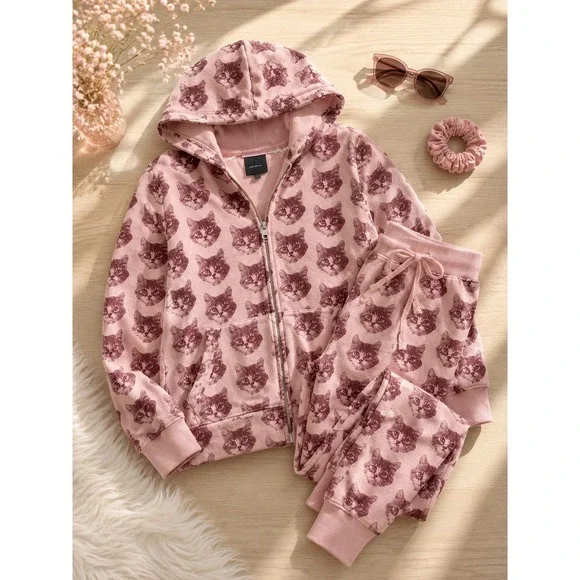 Gap Kids Girls Pink Kitten Print Zip Hoodie and Joggers Tracksuit Set Size XL 12