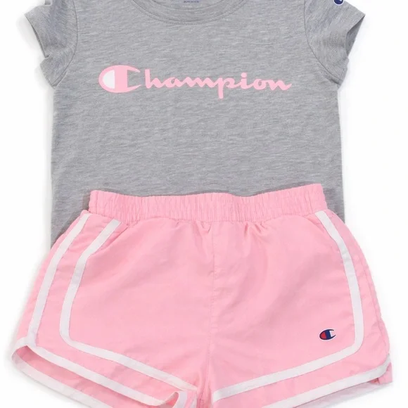 Champion Girls 2 Piece Outfit Pink Shorts & Gray‎ Logo Tee Size S Athletic Set