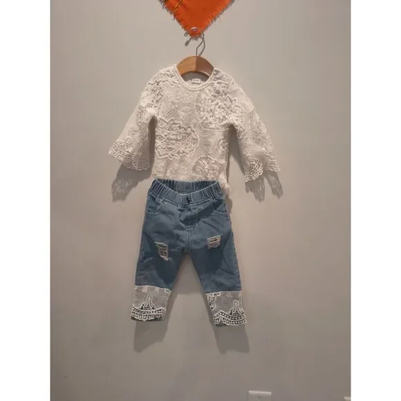 Baby Girl's Stylish Set, Lace Ruffle Romper & Flared Denim Jeans & Headband 3Pcs