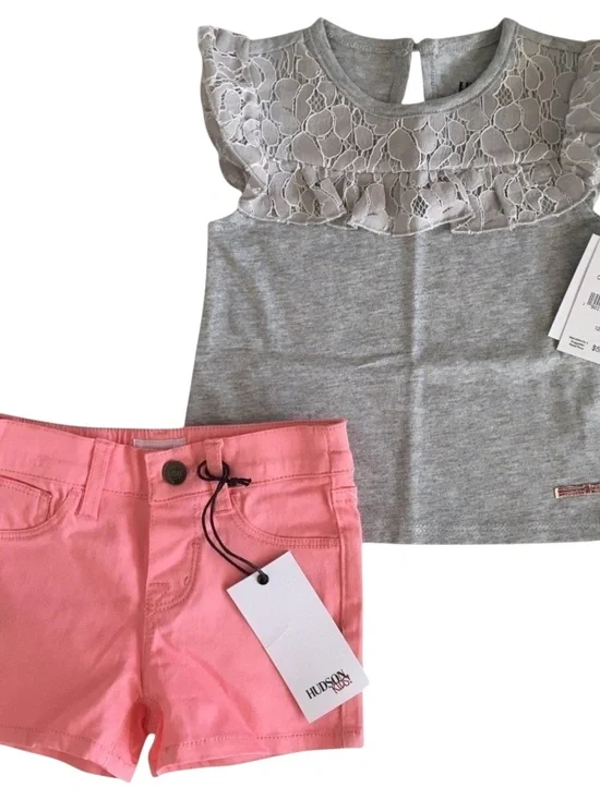 Hudson Baby Girls 2-Piece Lace Flutter Top & Shorts Set Gray/Pink Size 12M