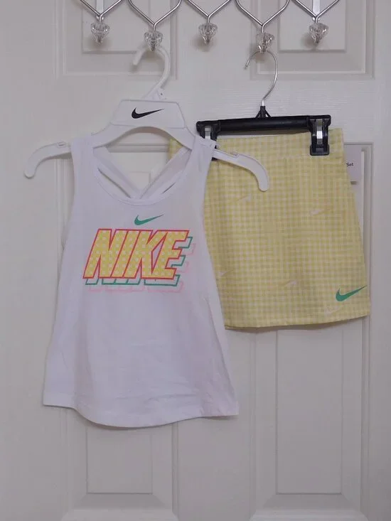 NWT 2pc Nike Gingham Logo Top & Yellow Gingham Skort Set sz 6x
