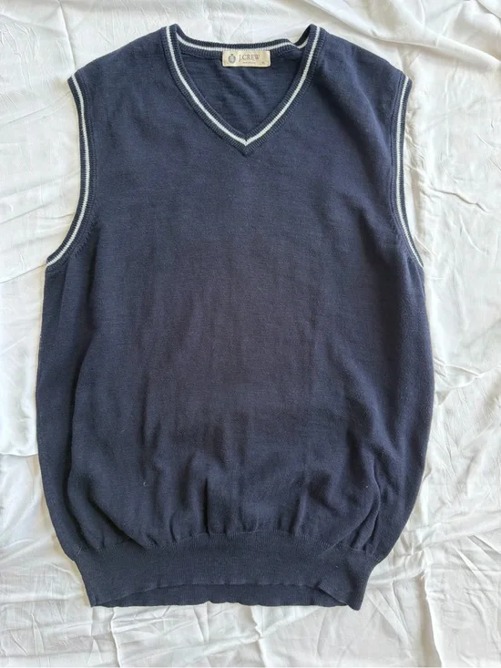 J.Crew 100% Cotton V-Neck Sweater Vest Navy Tipped Trim Men’s Medium Preppy