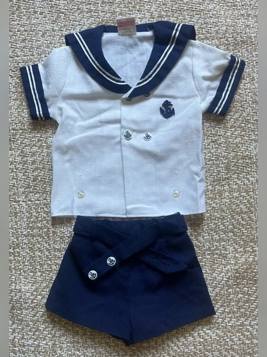 Vintage Lollypop Designs Baby Boy Sailor suit 2pc Set Nautical White Navy