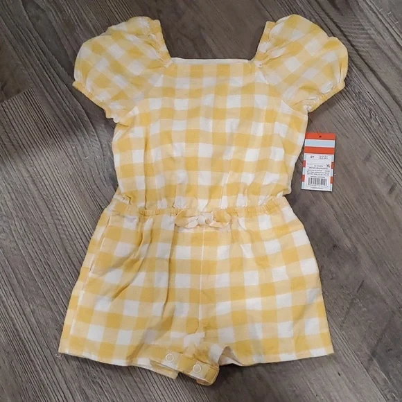 Cat & Jack One Piece Yellow Plaid with Romper with Bubble Sleeves
