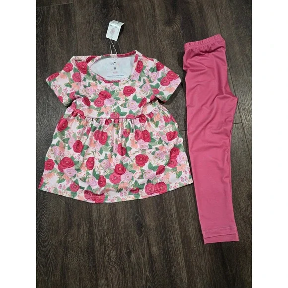 Pete + Lucy Girl 2 Piece Tunic and Leggings Set Pink Rose Floral Boutique 5T NWT
