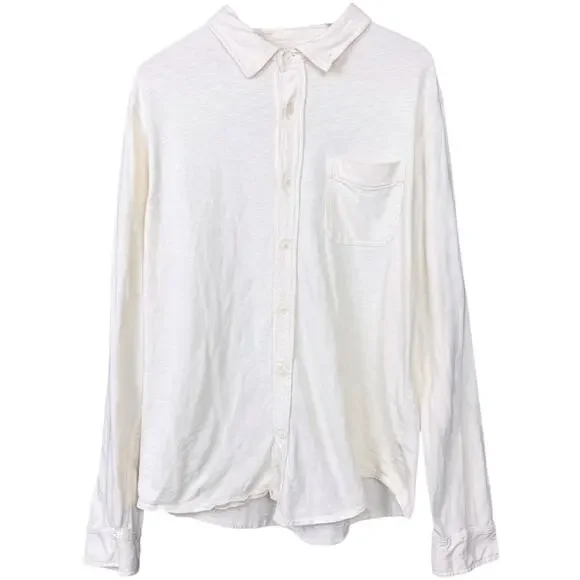 J.Crew Men's Large Garment-Dyed Slub Cotton Knit Button Down Shirt Cream Pocket