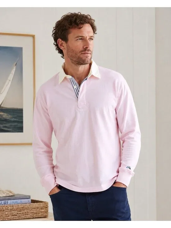 J Crew Oarsman Rugby Shirt Sz Small Pink Striped Placket Elbow Patches 90s Style