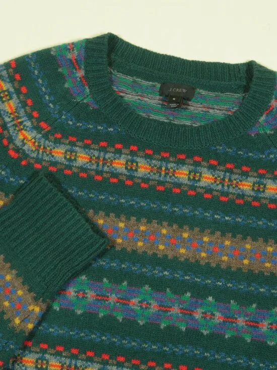 J Crew Lambs Wool Fair Isle Sweater Mens S Teal Green Multi Ribbed Hems New