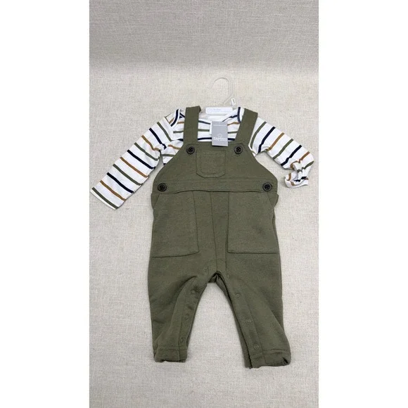 Baby Place Bundles 2‎ Piece Set Striped Bodysuit Olive Overalls 0-3M NWT