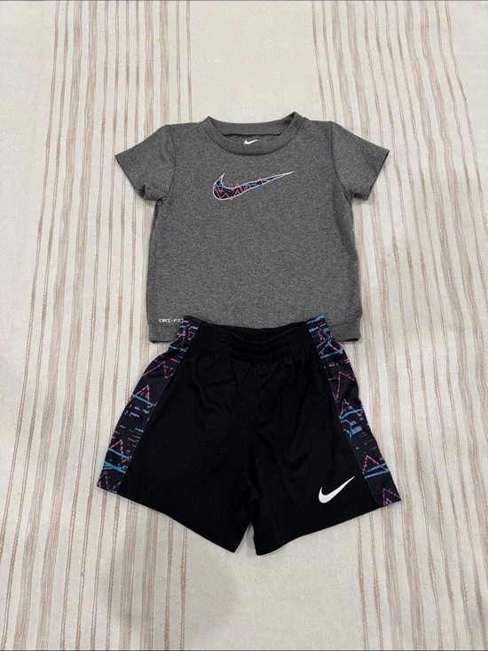 Nike Gray Tee & Black Shorts Kids Athletic Set with Multicolor Swoosh