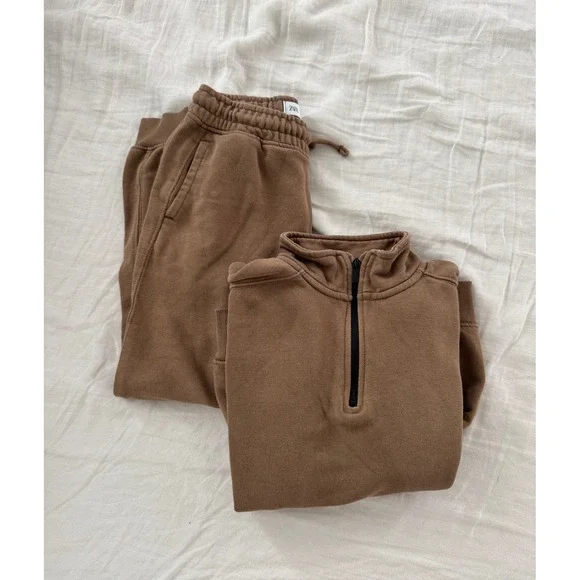 Zara Kids Brown Quarter Zip Sweatshirt + Joggers Sweatpant Set Size 10 Years Old