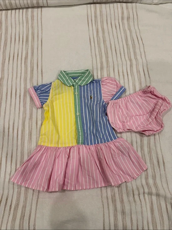 Colorblock Striped Baby Dress with Bloomers - Pink, Blue, Yellow, Green