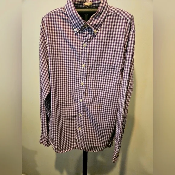 J.CREW MEN'S TAILORED FIT WASHED CASUAL PURPLE & WHITE PLAID SHIRT SIZE MEDIUM