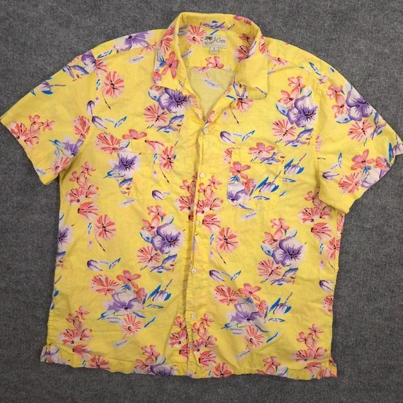 J Crew Camp Shirt Mens Large Yellow Hawaiian Floral AOP Slub Cotton Loop Collar