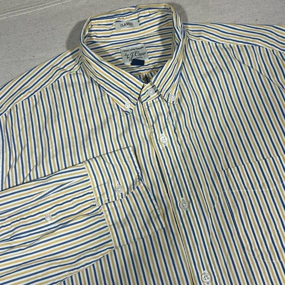J Crew Secret Wash Shirting Mens Large Classic Striped Shirt Blue Yellow Stretch