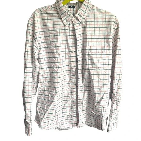 J. Crew‎ Slim Fit Flex Oxford Shirt White W Pink Green Windowpane Plaid L
