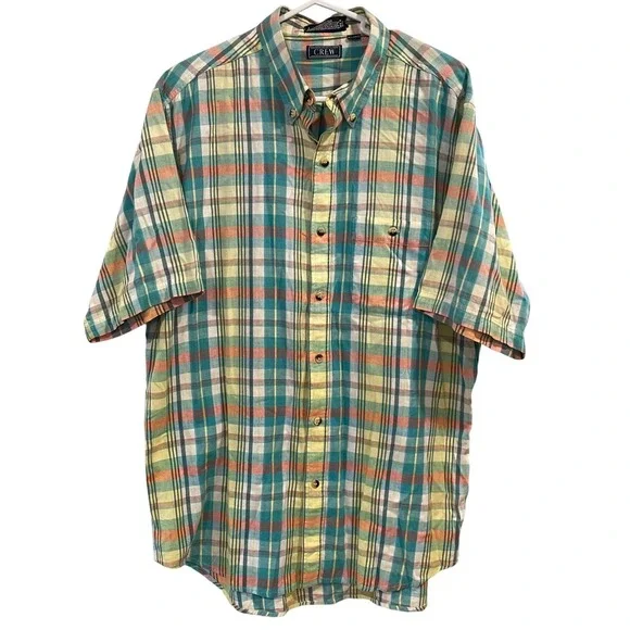 Vintage J Crew‎ Plaid Shirt Mens XL Short Sleeve Button Cotton Preppy Summer