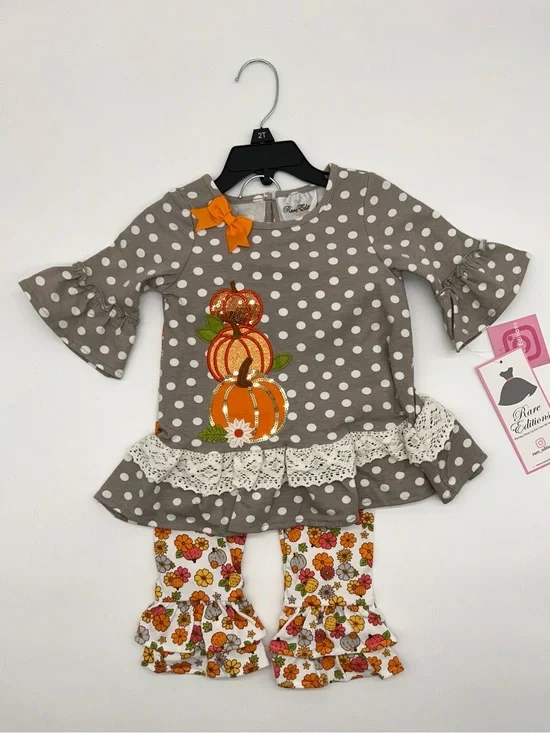 Rare Editions Girls 2T Gray Polka Dot Pumpkin Ruffle Fall Outfit Set