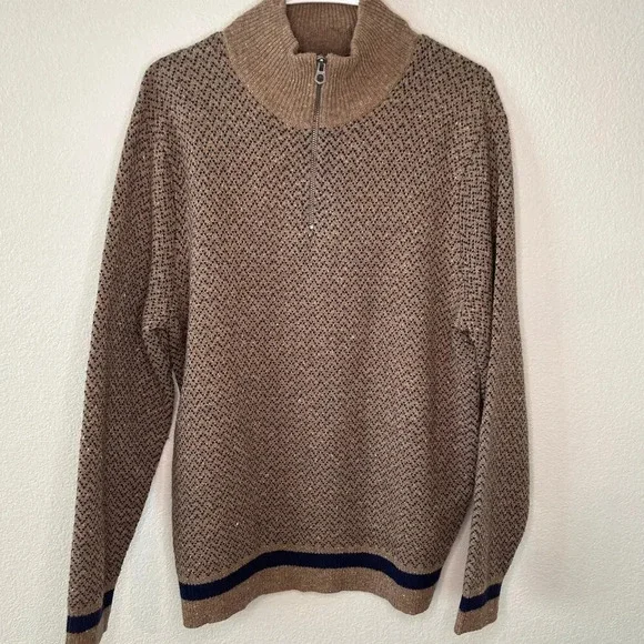 J crew men's 1/4 zip merino wool blend tan and navy sweater size M