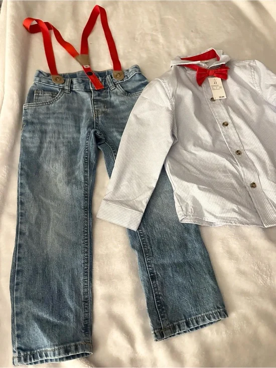Cat & Jack Light Blue Button-Up Shirt with Light Wash Jeans and Red Suspenders