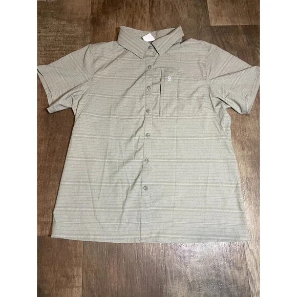 DK Button Up Shirt Mens Large L Sand Beige Color Striped Zip Pocket