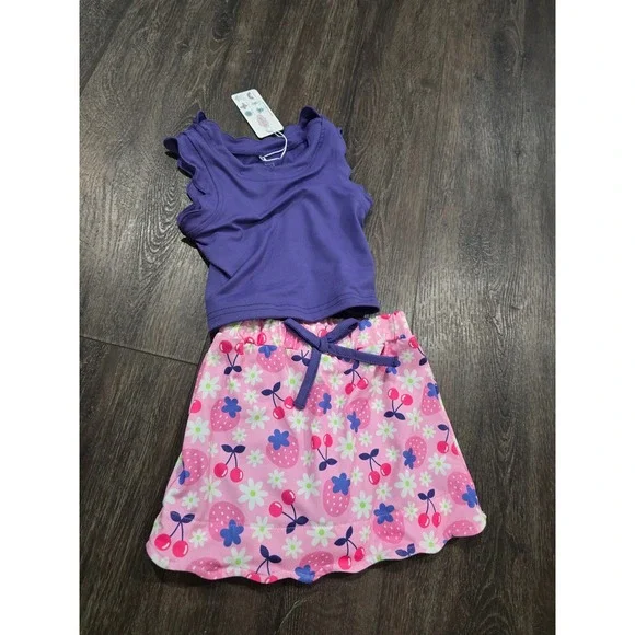 Pete + Lucy Girls 2T Purple Scallop Top Pink Strawberry Cherry Skirt Set NWT