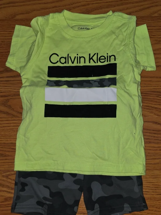 Calvin Klein Neon Green Tee with Black & Camo Accent Shorts