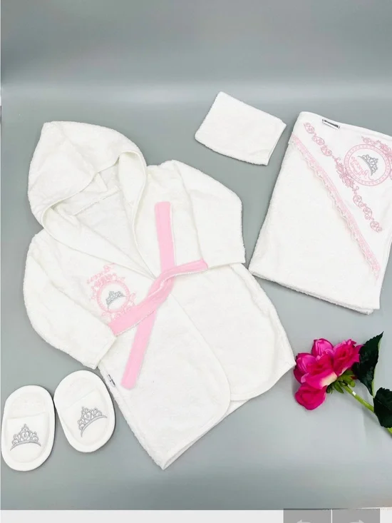 White Baby Hooded Bathrobe with Pink Trim