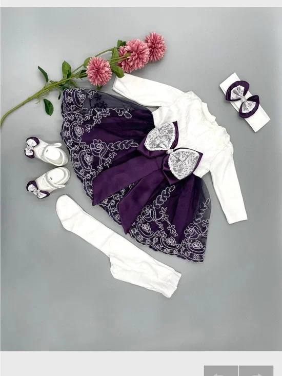Purple & White Lace Bow Baby Dress Set