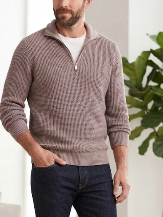 Classic J.Crew Men’s Waffle-Knit Quarter-Zip Sweater – Muted Taupe medium