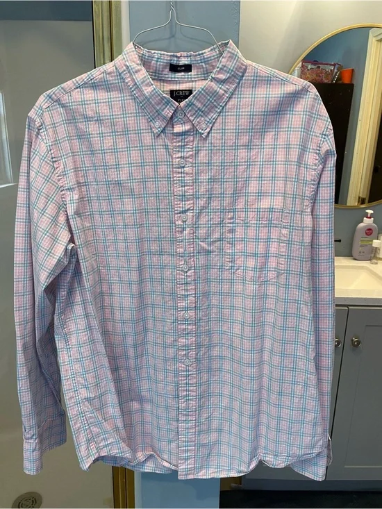 J. Crew Men's Pink and Light Blue Plaid Button-Down Shirt