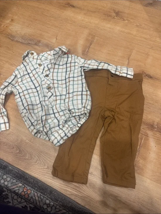Tommy Bahama Boys Plaid Button-Down Romper & Brown Pants Set