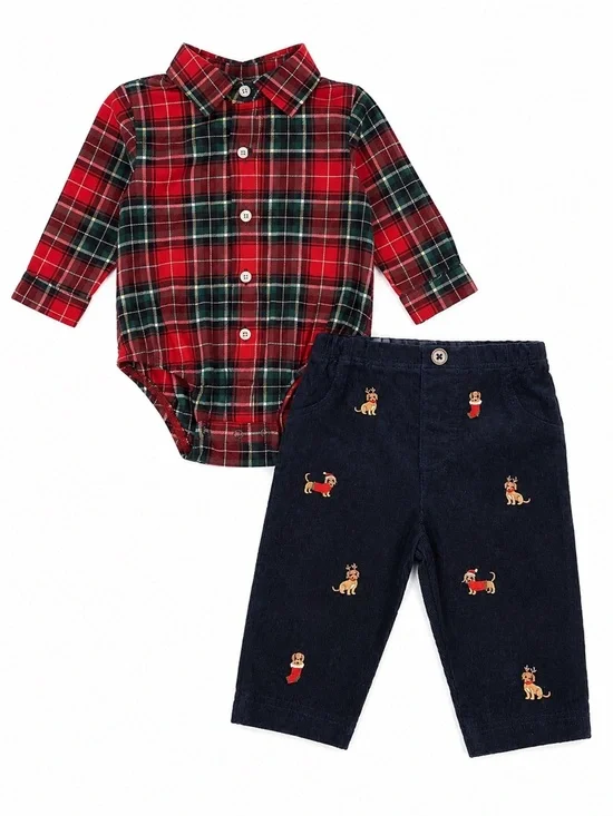 New - Little Me Red Plaid Christmas Baby Onesie with Navy Embroidered Pants