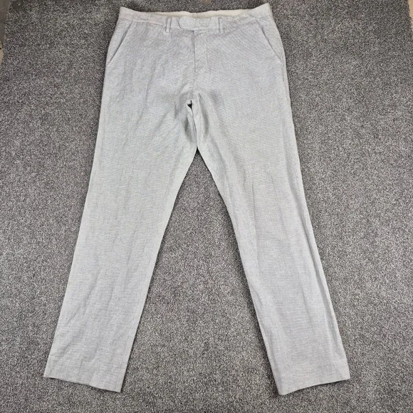 J.Crew Bowery Linen Cotton Pants Mens 34x32 Slim Fit White Black Pinstripe