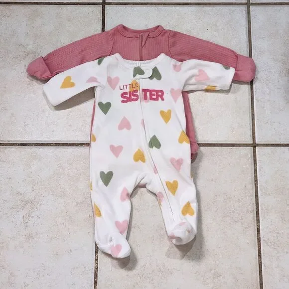 Preemie Baby Girl Sleeper Lot of 2 Carter's Wonder Nation Footed Zip Pajamas