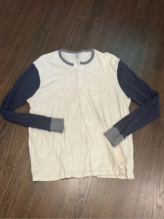 J. Crew Two-Tone Henley Long Sleeve Shirt - Navy Sleeves, Cream Body