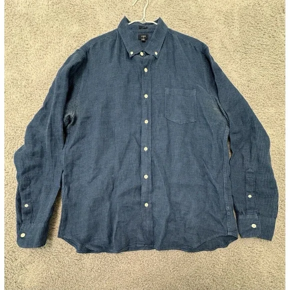J Crew Mens XL Blue Slim Fit Button Down Linen Blend Shirt Long‎ Sleeve