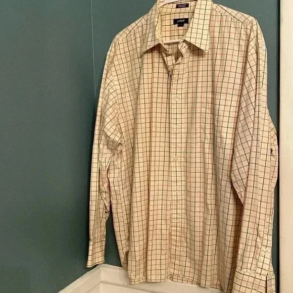 J crew men’s button down - cream with coral and green stripes