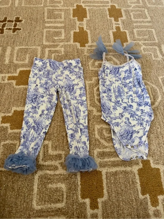 Posh Peanut Blue and White Toile Ruffle Two-Piece Set