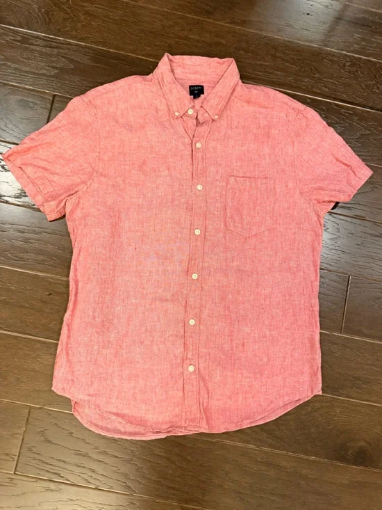 J Crew Men’s Short Sleeve Linen Button Down Shirt Red Size L