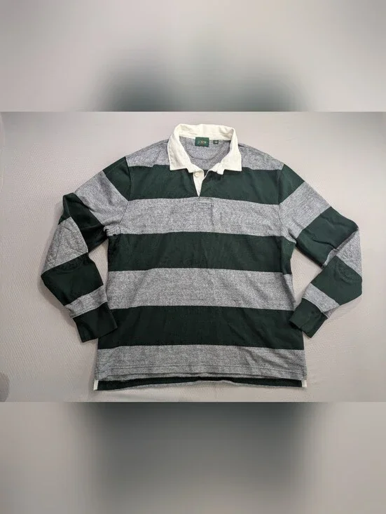 Vintage J Crew Polo Shirt Mens XL Green Striped Rugby Long Sleeve Oarsman Retro