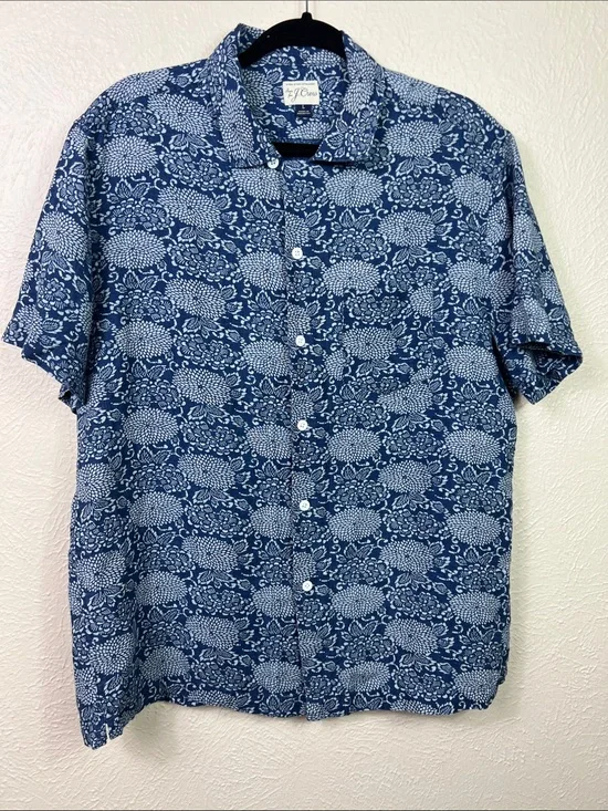 J. Crew Linen Blend Blue & White Allover Print Short Sleeve Shirt Large