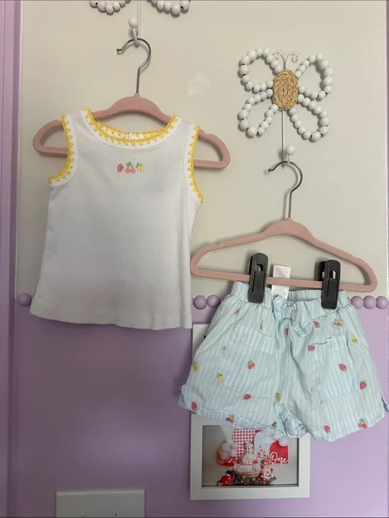 White Tank Top & Light Blue Fruit Print Shorts Set