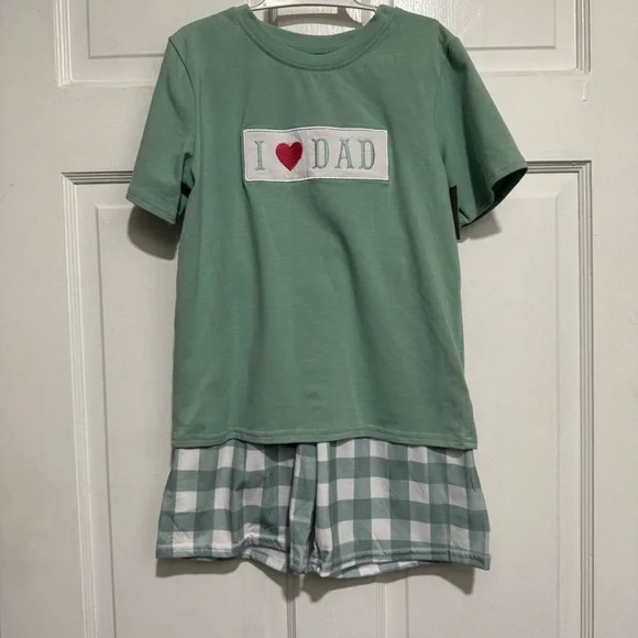 NEW 7-8 Boys I Love Dad Embroidered Shorts Green Gingham‎ Fathers Day Outfit