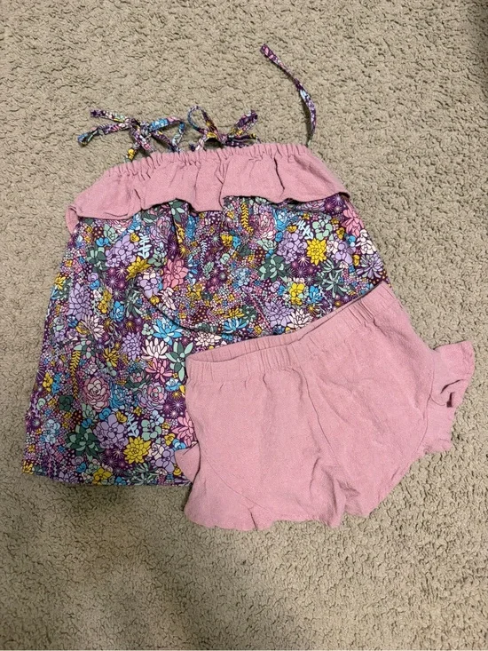 Girls Floral Pink Ruffled Tank + Pink Shorts Set