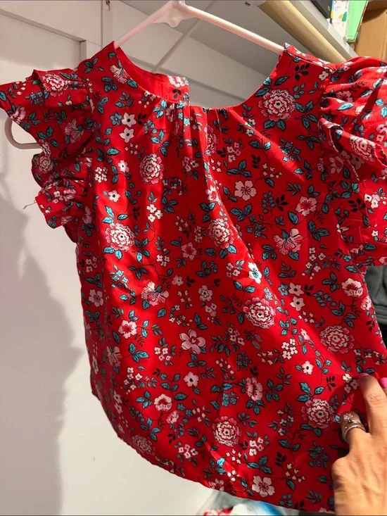 Janie and Jack Red Floral Button-Front Top, romper and floral shorts